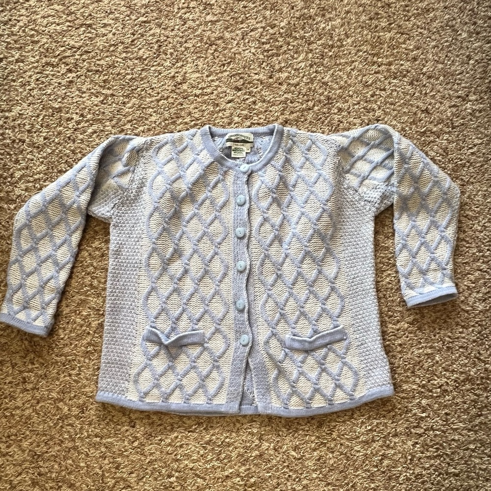 Aran Crafts Blue Cardigan Sweater with Diamond Pattern